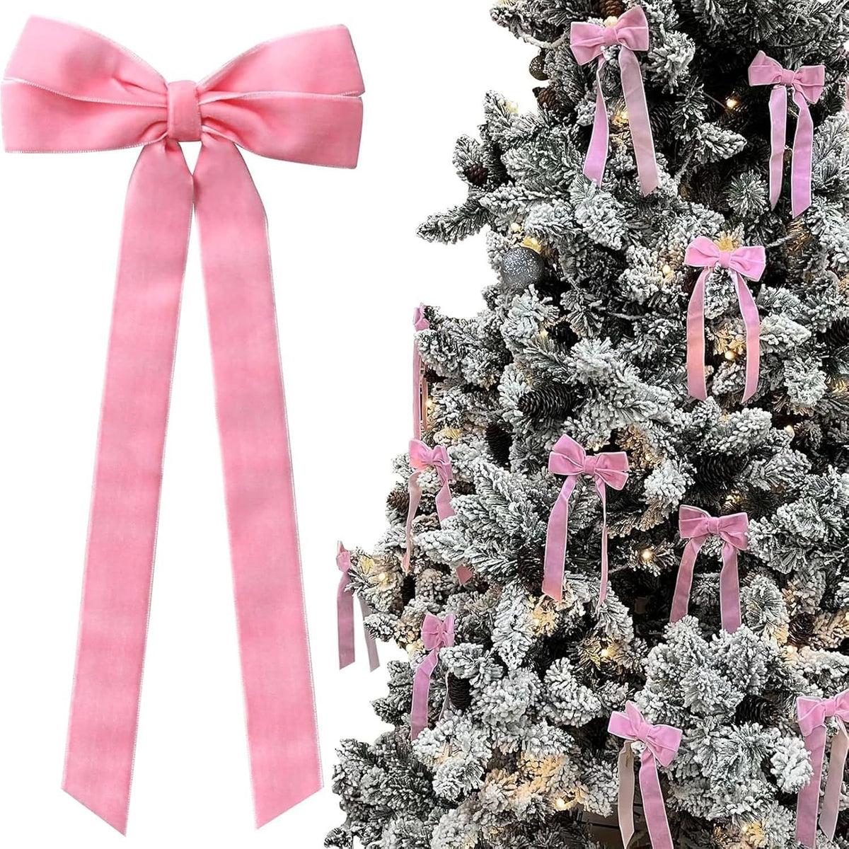 12Pcs Pink Velvet Ribbon Bows Christmas Tree Decorations,5in x 8.6in Xmas Ornaments for Tree, Vintage Velvet Bows for Christmas Tree Front Door Wreath Holiday Decor