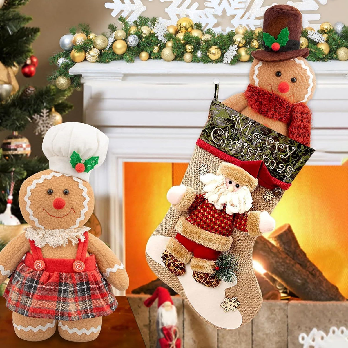 Christmas Decorations Indoor 12.6 inch Gingerbread Plush Ornaments Gingerbread Man Stuffed Animal Christmas Decor Gift for Kids Girls (Set of 2)