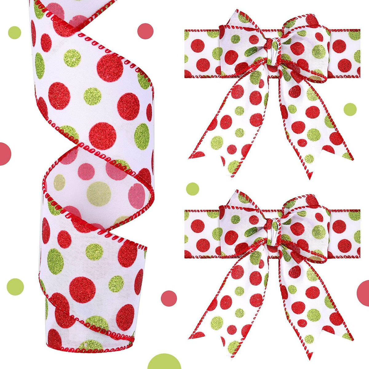 2 Rolls Wired Ribbon Christmas Tree Burlap Ribbon Green Red Glitter Polka Dot Sparkly Christmas Tree Decoration DIY Bows Wreath(2.5 Inch X 6 Yard Per Roll,White Base)
