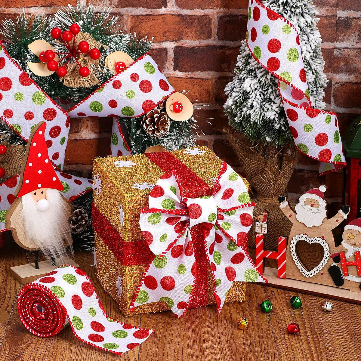 2 Rolls Wired Ribbon Christmas Tree Burlap Ribbon Green Red Glitter Polka Dot Sparkly Christmas Tree Decoration DIY Bows Wreath(2.5 Inch X 6 Yard Per Roll,White Base)