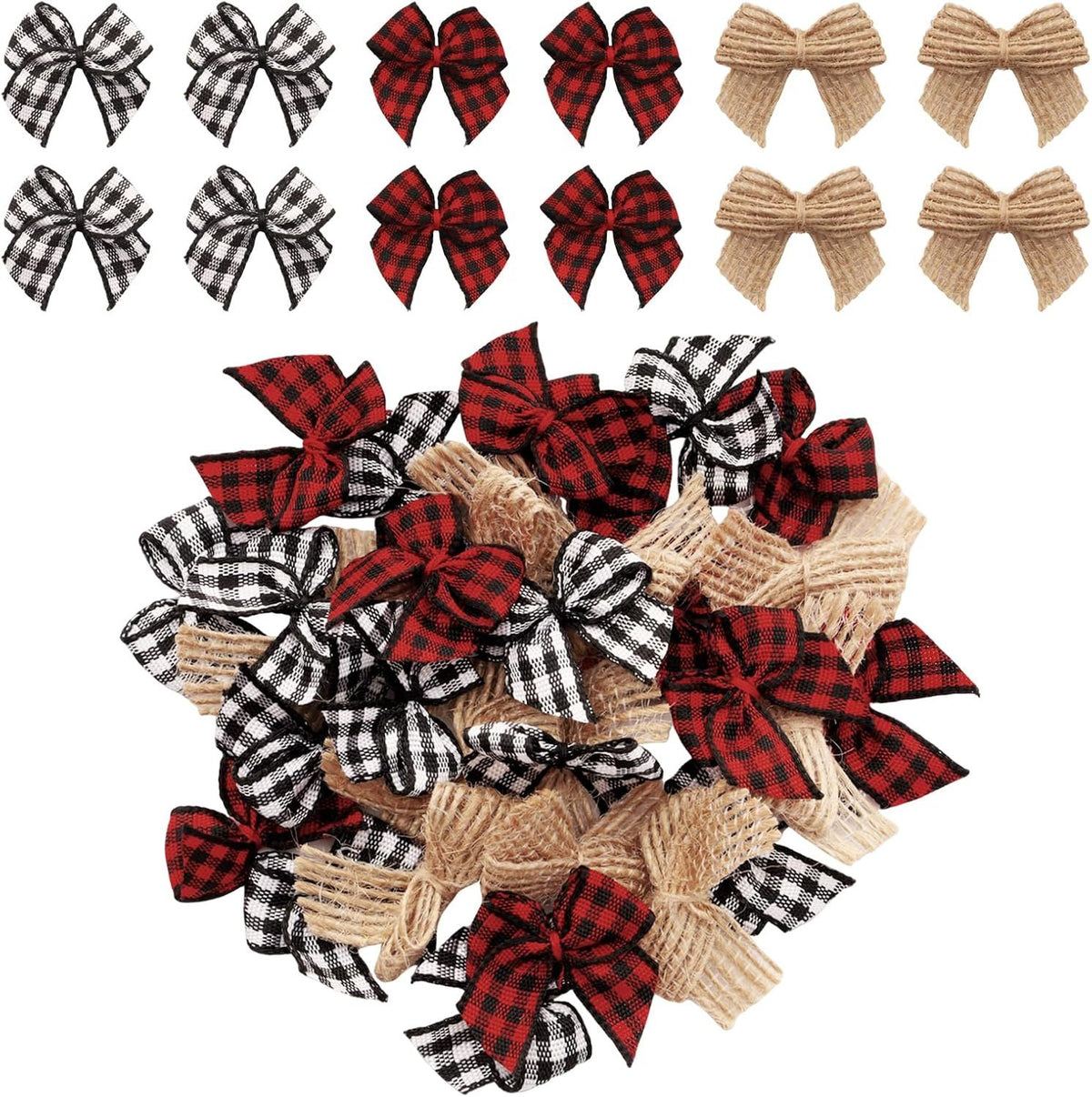 30pcs Christmas Mini Plaid Bows Mixed Color Burlap Buffalo Check Ribbon Bows for Christmas Tree Decorations Wreath Gift Wrapping DIY Crafts Holiday Party Home Decor