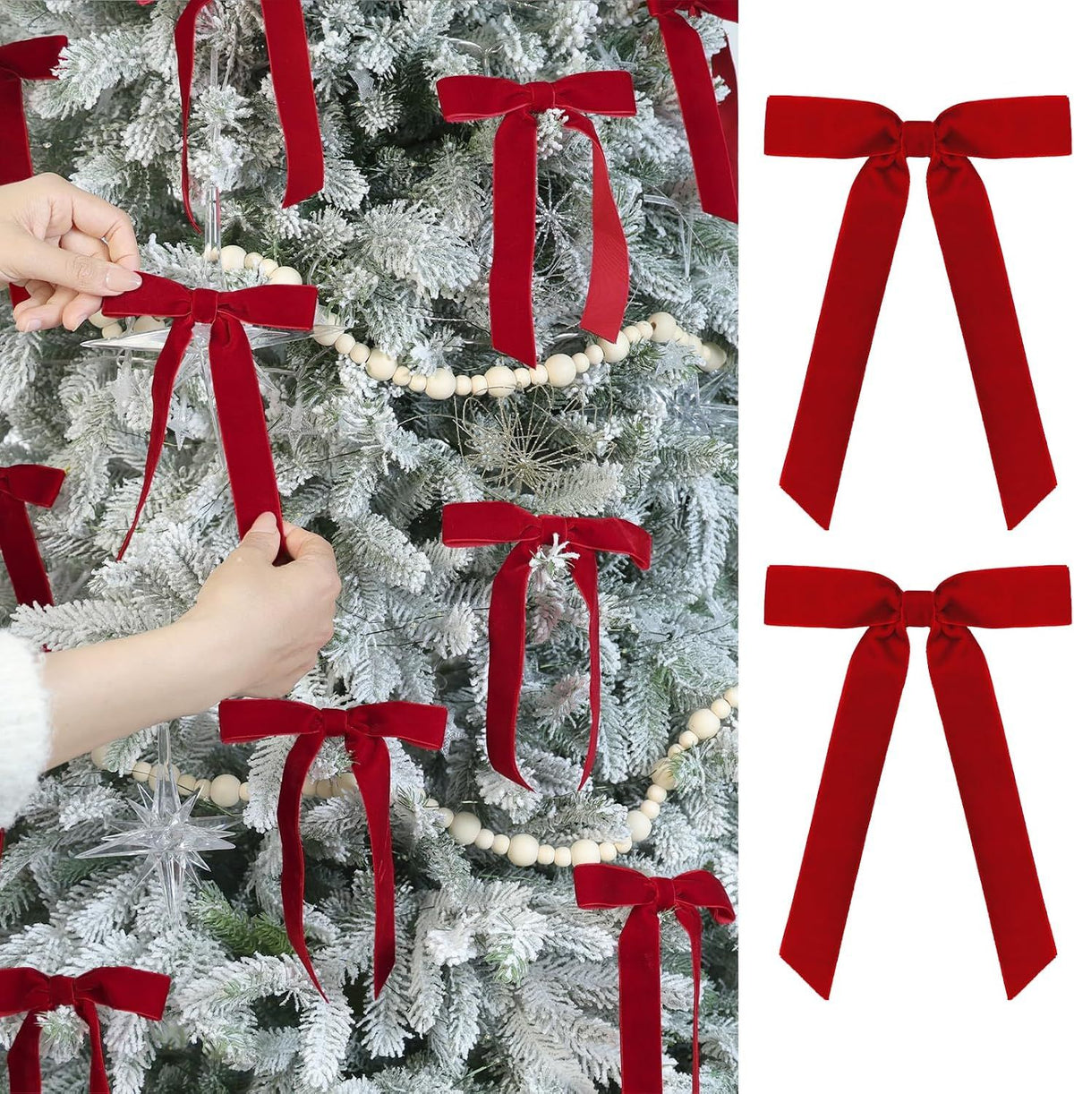 24 Pcs Red Vintage Velvet Christmas Bows Ornaments - 5 x 7 Inch Luxury Velvet Ribbon Bows for Christmas Tree Decor, Wreaths, Gifts Wrapping, Fireplaces，Rattan Strips, Xmas Home Decoration