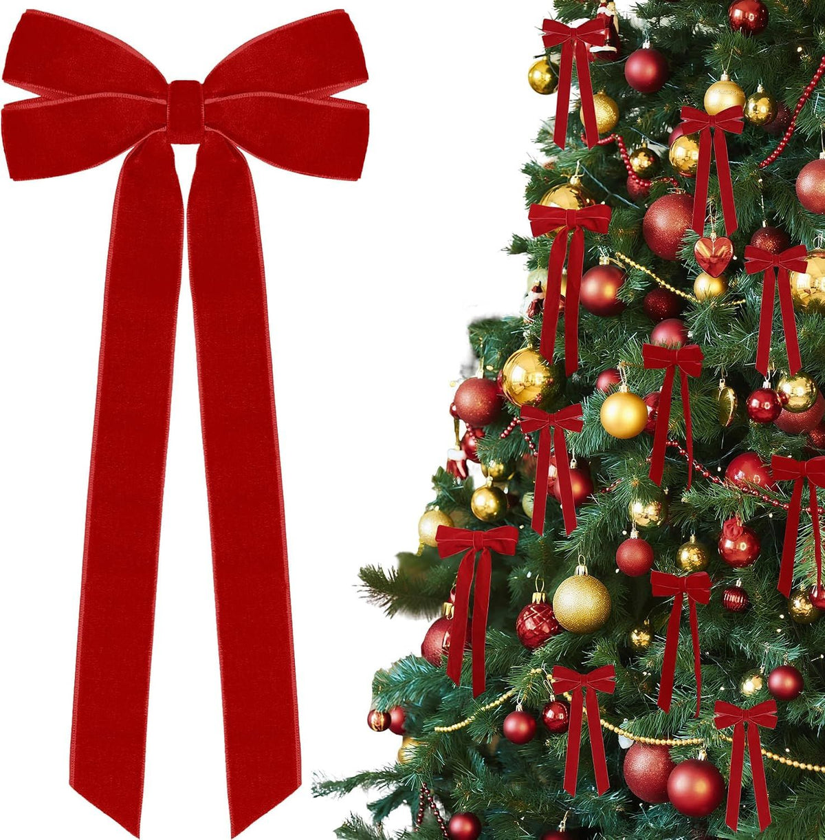 12Pcs Red Velvet Ribbon Bows Christmas Tree Decorations,5in x 10in Xmas Ornaments for Tree Home Party Front Door Wreath Holiday Decor