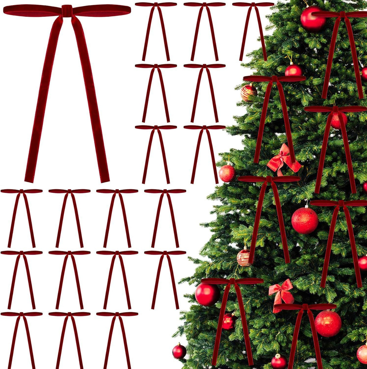 24PCS Christmas Bow Ornament 5 x 7 Inch Velvet Wreath Crafts Bows Xmas Tree Ribbon Hanging Bows Pendants for Christmas Holiday Home Outdoor Indoor Party Garland Decoration(red)