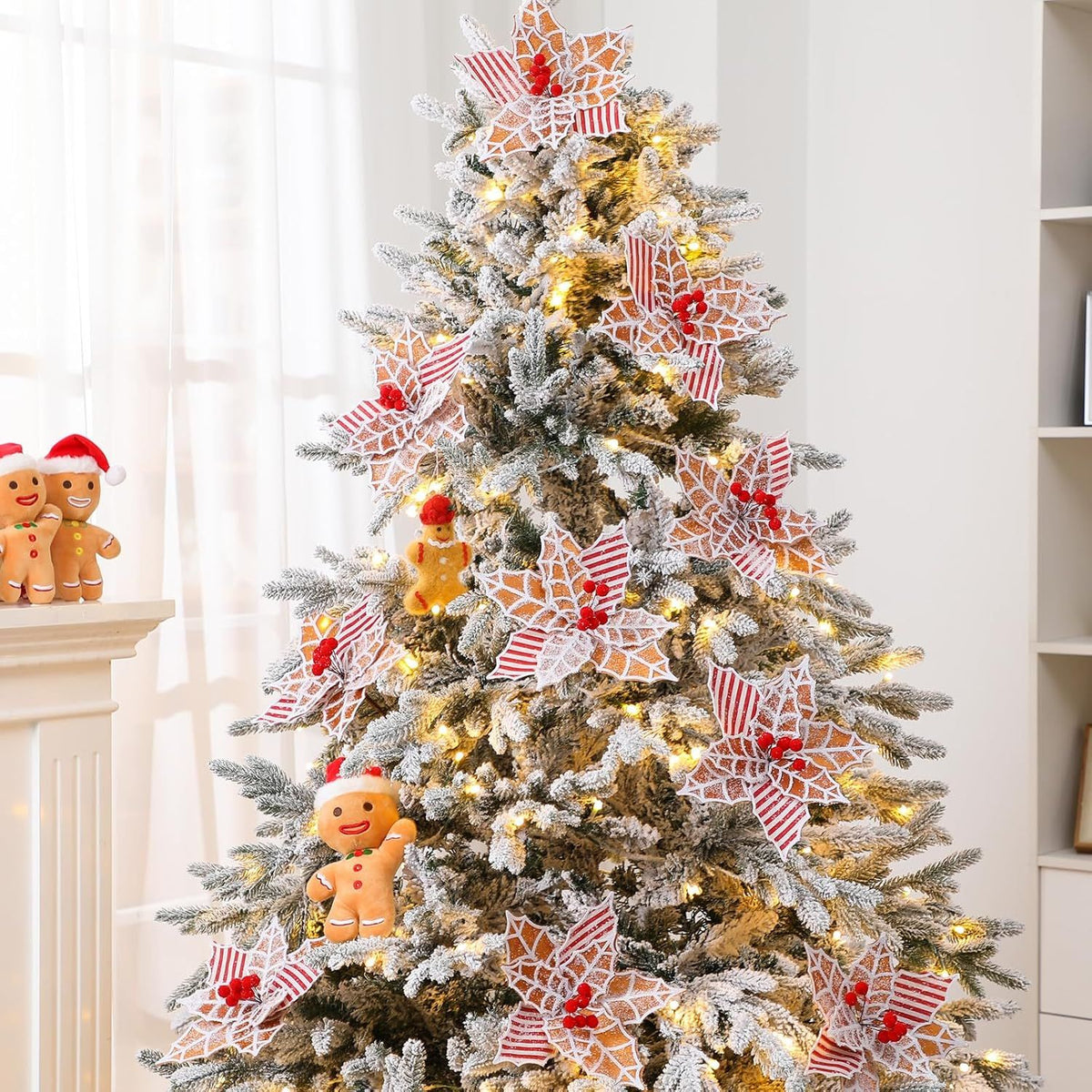 10 Pcs Large Gingerbread Poinsettia Christmas Decorations 9.8" Jumbo Gingerbread Flowers Tree Picks Ginger Bread Christmas Tree Ornaments for Xmas New Year Wreath Garland Home Vase Decor