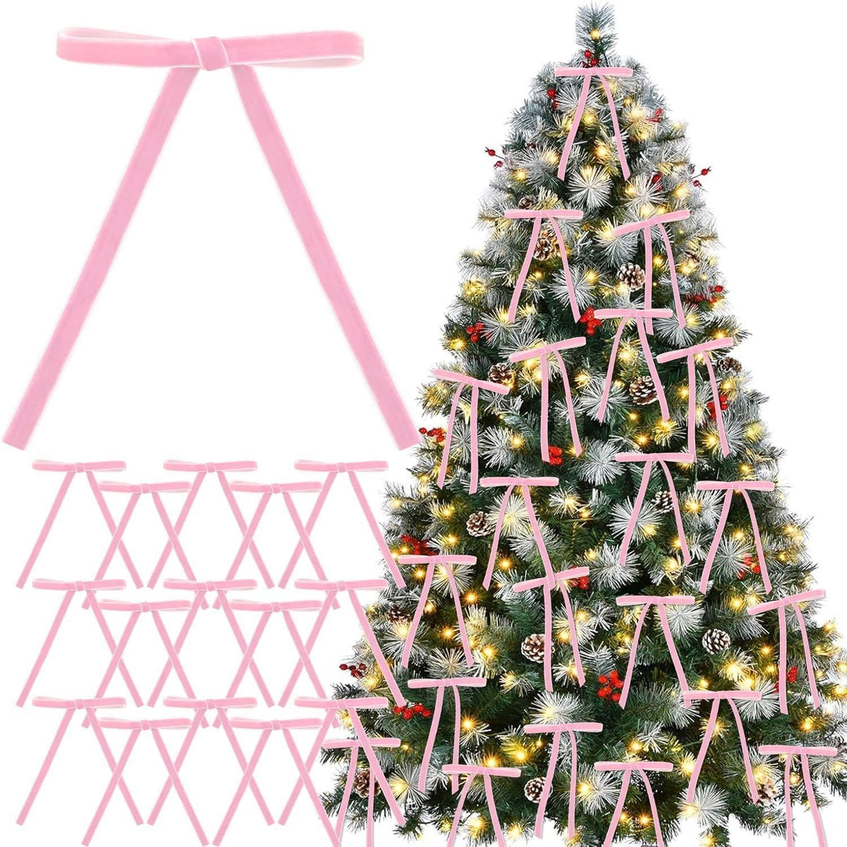 30 Pcs Pink Velvet Christmas Tree Bows for Christmas Tree Decorations, Pink Velvet Ribbon Bows Vintage Christmas Decor Ornaments for Christmas Tree, Wreaths,Garland, Gift Wrapping, Fireplace