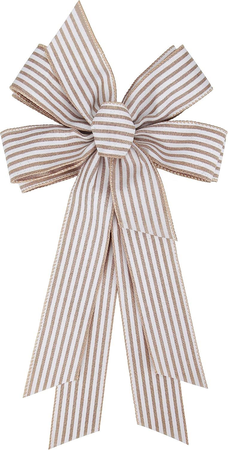 Large 24 x 10 Inch Natural Burlap White Rustic Ribbon Bow Farmhouse White Striped Wreath Bows for Christmas Door Wreath Home Decorations Tree Topper Party (White Striped) (PBCDBo23040022)