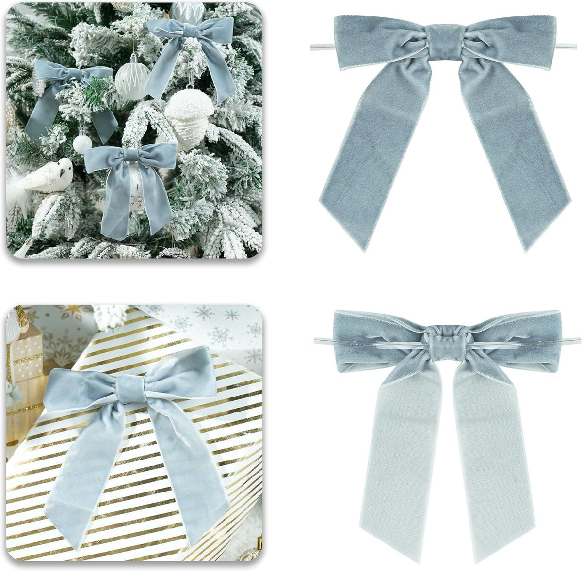 Dusty Blue Velvet Ribbon Christmas Bow 5 Inch Premade Antique Blue Bows for Christmas Tree Hanging Decorations Gift Wrapping Wreaths Crafts Outdoor Indoor Home Decor Wedding, Pack of 12