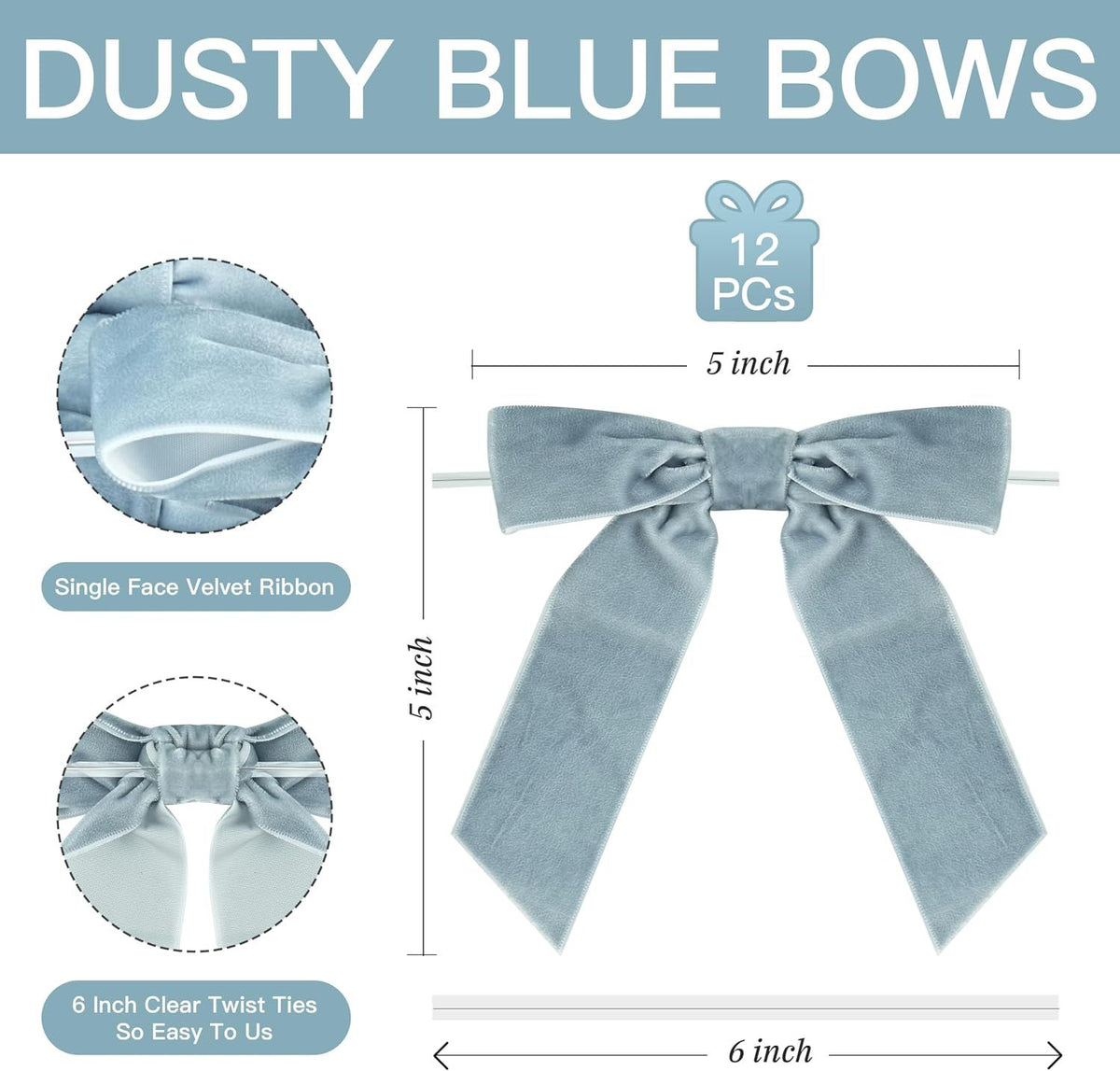 Dusty Blue Velvet Ribbon Christmas Bow 5 Inch Premade Antique Blue Bows for Christmas Tree Hanging Decorations Gift Wrapping Wreaths Crafts Outdoor Indoor Home Decor Wedding, Pack of 12