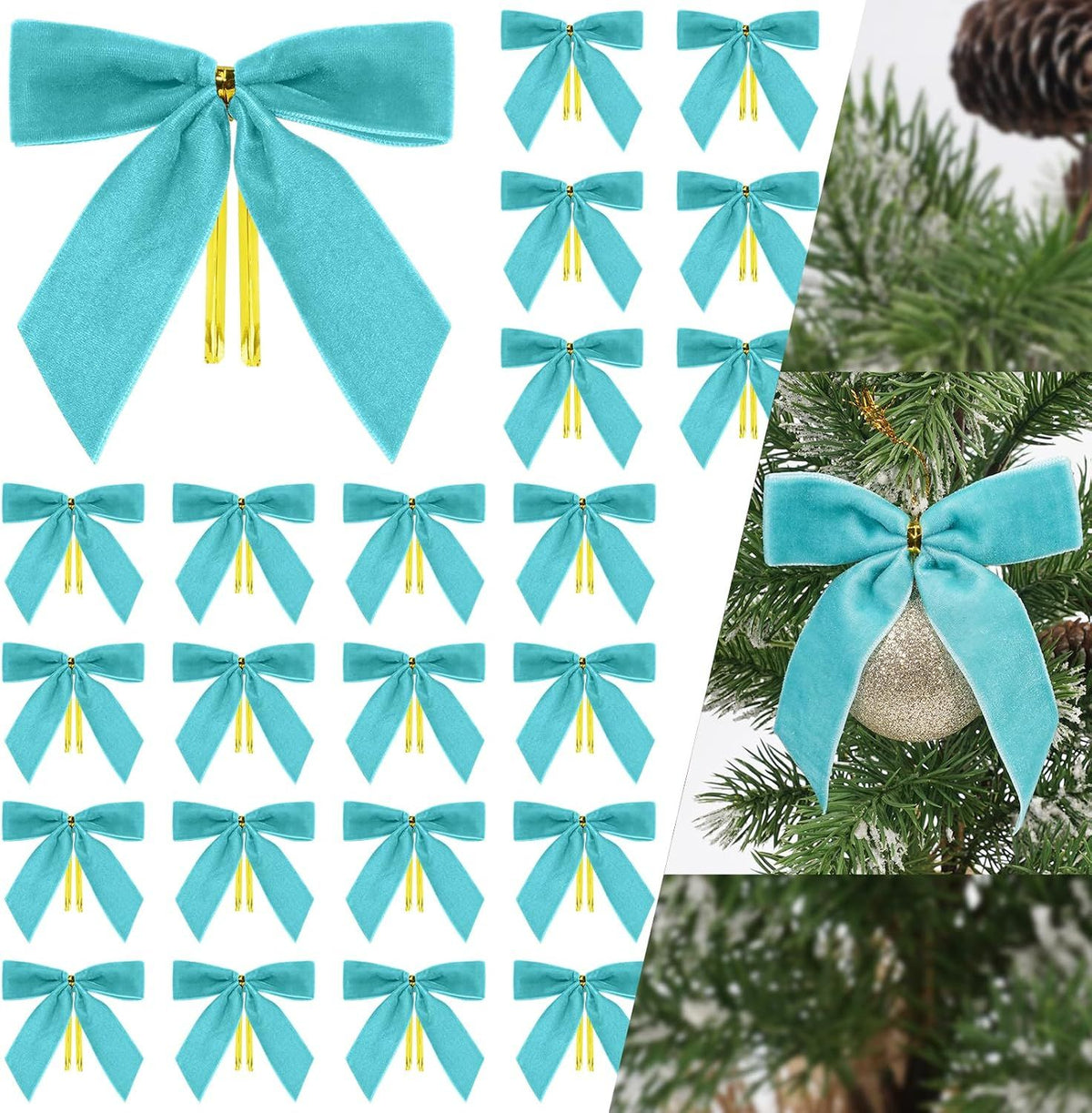 Blue Velvet Bows for Christmas Tree, 24 PCS Velvet Ribbon Bow Ornaments for Xmas Tree, Small Teal Christmas Bows Decorations for Wreaths, Garland, Gift Wrapping, Holiday - 1'' Wide, 3.5 × 3.5 inch