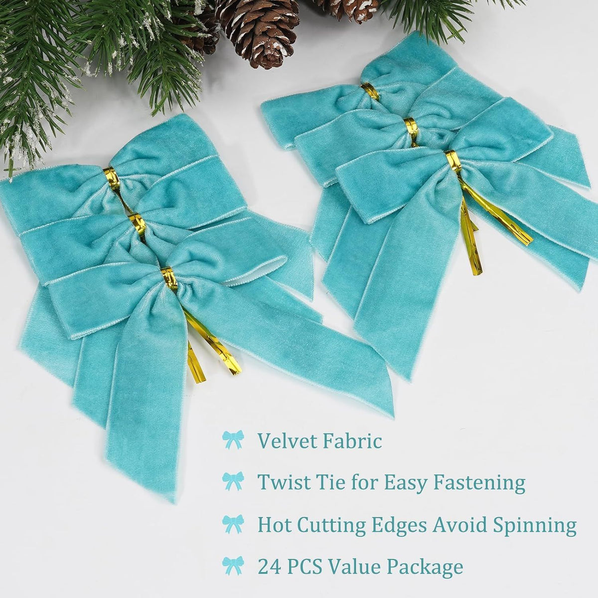 Blue Velvet Bows for Christmas Tree, 24 PCS Velvet Ribbon Bow Ornaments for Xmas Tree, Small Teal Christmas Bows Decorations for Wreaths, Garland, Gift Wrapping, Holiday - 1'' Wide, 3.5 × 3.5 inch