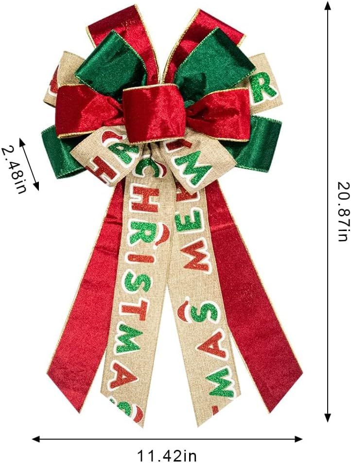 Large Christmas Bow for Wreath, Green Red Velvet Bows for Front Door Wall Fence Decor, Merry Christmas Words Wreath Bow Tree Topper Bow for Winter Christmas Party Decoration Supplies