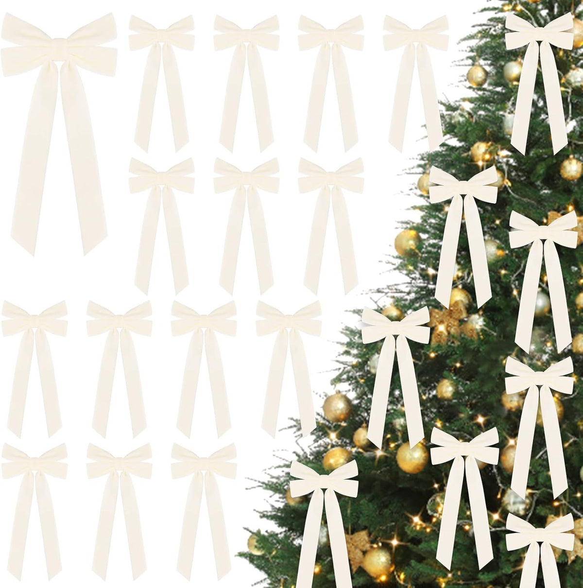 15Pcs Velvet Bows for Christmas Tree, Christmas Wreath Bows Rustic Crafts Gift Bows Velvet Ribbon Bows for Xmas Home Garland Decorations Holiday Wedding Outdoor Indoor Decor(Beige)