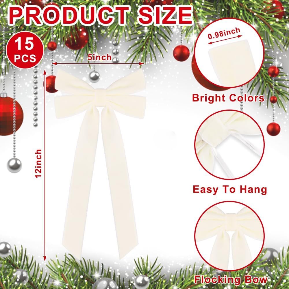 15Pcs Velvet Bows for Christmas Tree, Christmas Wreath Bows Rustic Crafts Gift Bows Velvet Ribbon Bows for Xmas Home Garland Decorations Holiday Wedding Outdoor Indoor Decor(Beige)