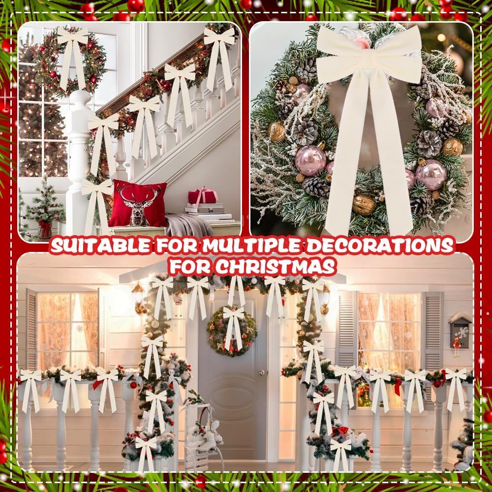 15Pcs Velvet Bows for Christmas Tree, Christmas Wreath Bows Rustic Crafts Gift Bows Velvet Ribbon Bows for Xmas Home Garland Decorations Holiday Wedding Outdoor Indoor Decor(Beige)