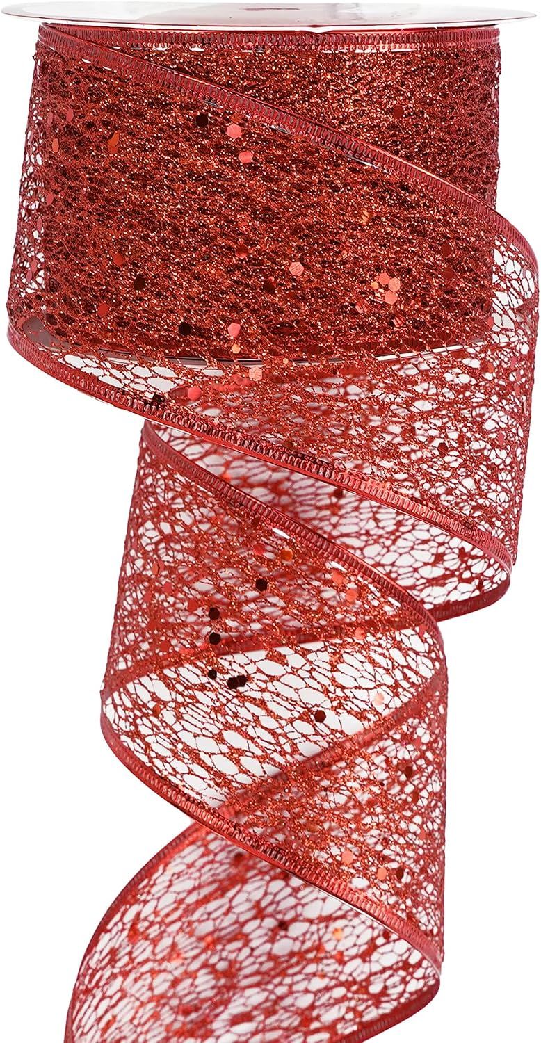 Glitter Wire Mesh Ribbon - 2.5 Inch Wide, Wired, Red, Christmas Tree Decoration, Ribbon Garland, Wreath Bow Making (25 Yards)