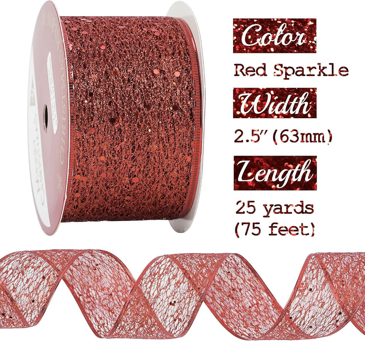 Glitter Wire Mesh Ribbon - 2.5 Inch Wide, Wired, Red, Christmas Tree Decoration, Ribbon Garland, Wreath Bow Making (25 Yards)