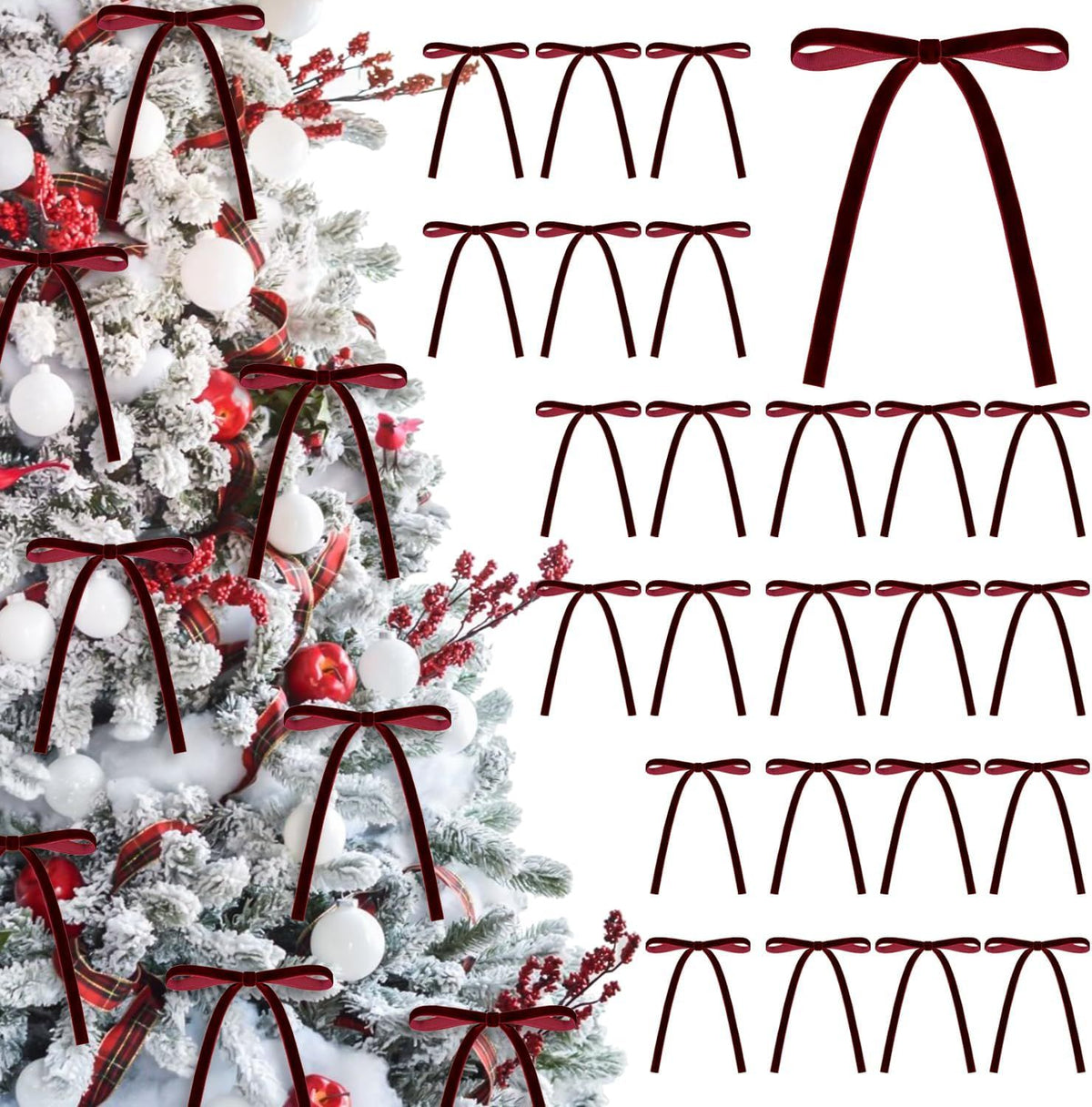 24 Pcs Velvet Christmas Bows 5 x 7 Inch Rustic Velvet Small Ribbon Gift Bow for Xmas Tree Ornaments DIY Craft Wreaths Garlands Indoor Outdoor Home Decorations (Wine Red)