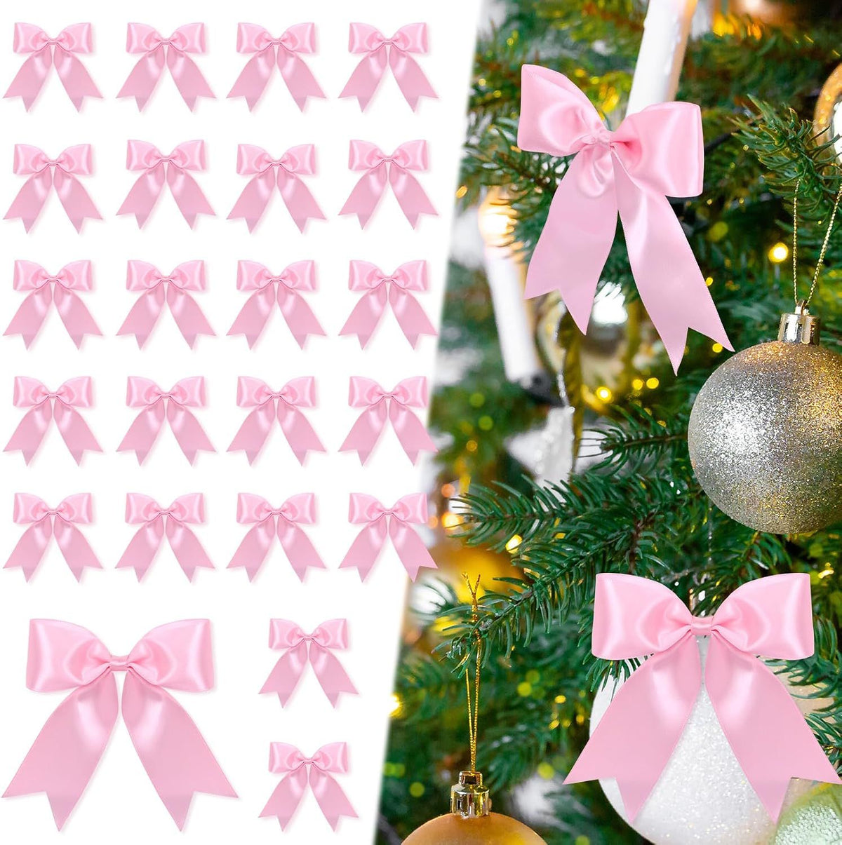 24 Pcs Pink Satin Ribbon Bows Christmas Tree Decorations, Christmas Wreath Bow Topper for Xmas Gift Packaging Home Wreath Fence Fireplace Wedding Party Decor