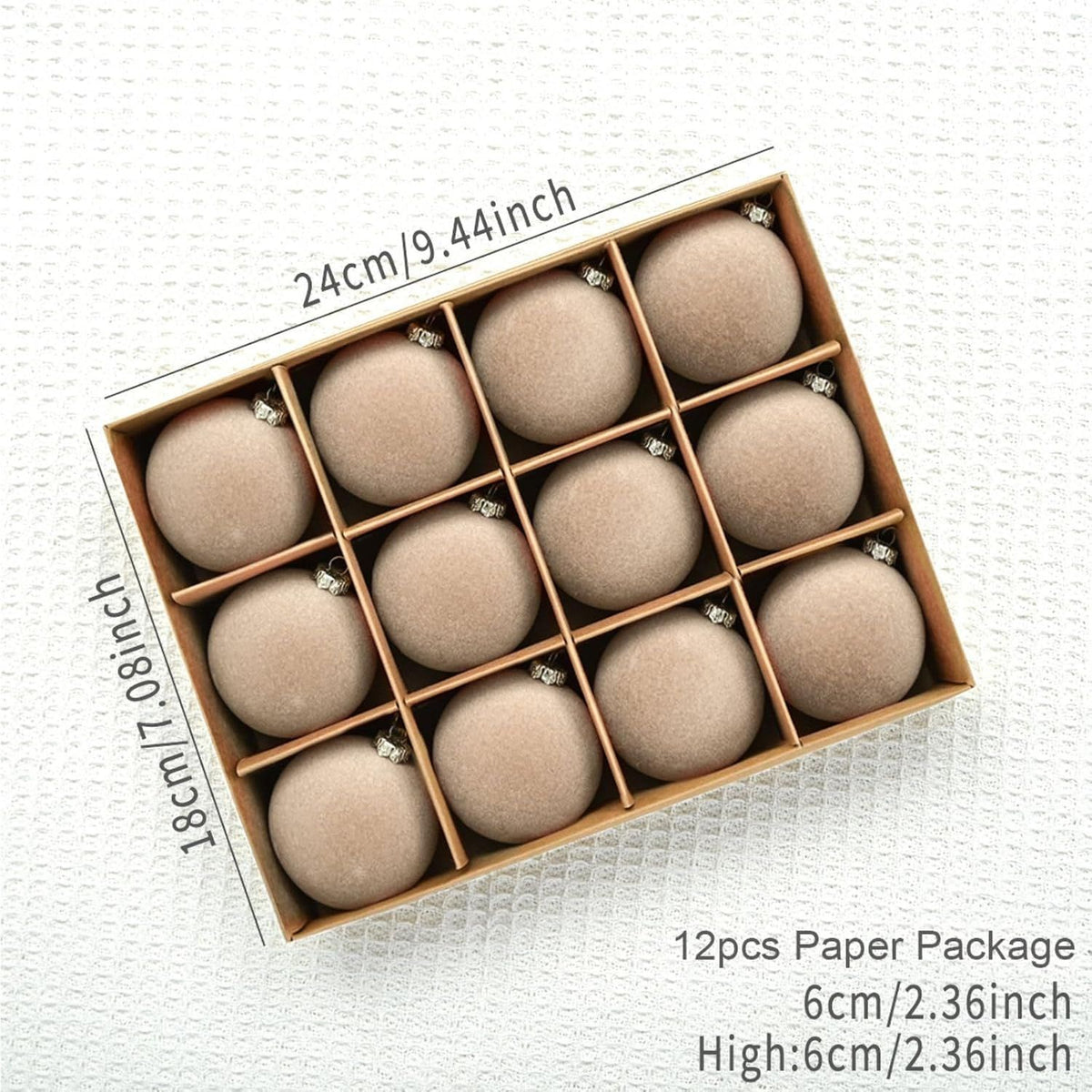 12pc Christmas Tree Hanging Balls Decoration Velvet Flocked 2.4Inch Plastic Balls Ornaments Vintage Shatterproof for Xmas Party Holiday (Beige)