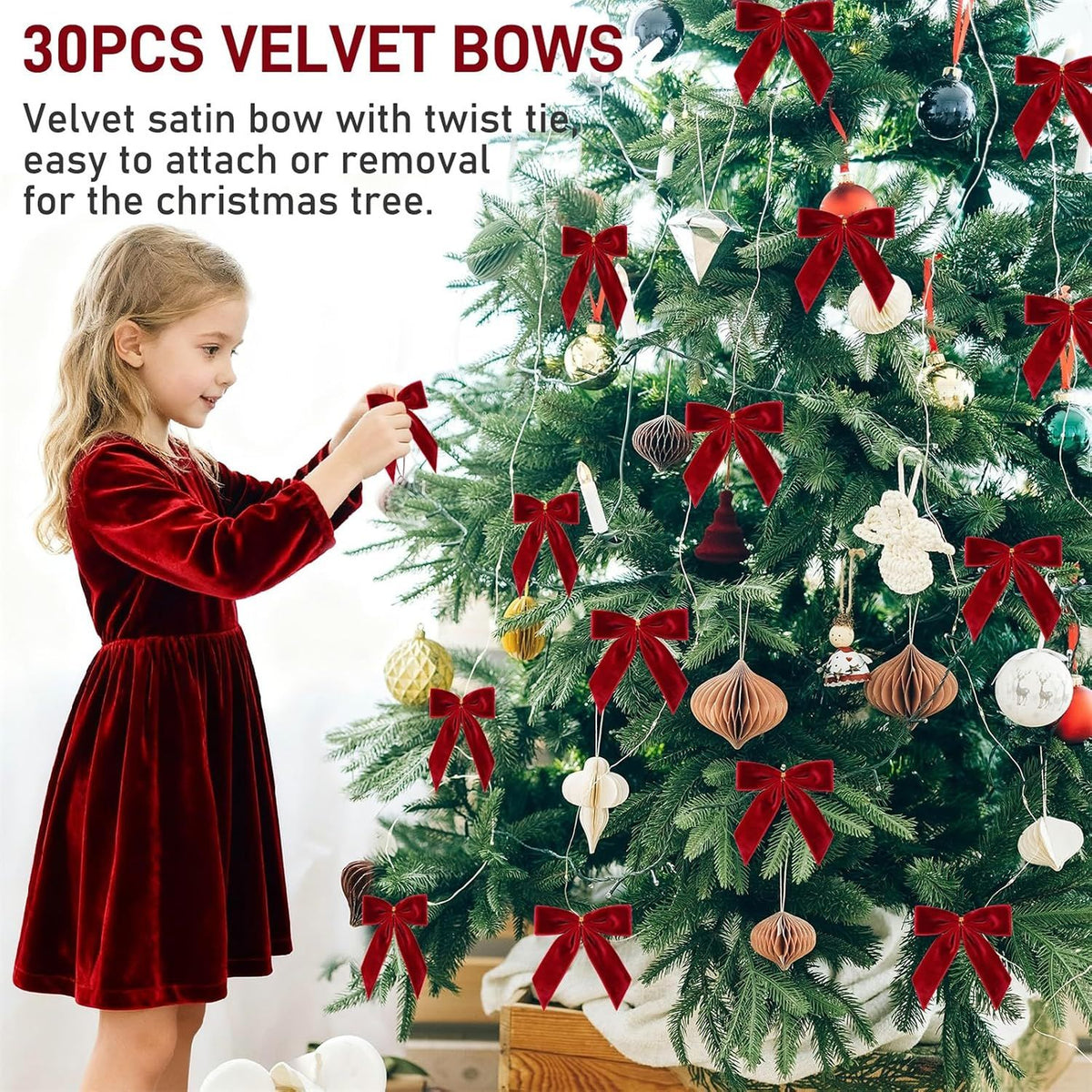 30Pcs Red Velvet Ribbon Bows Twist Tie Bows 3.5x3.5in for Christmas Tree Decorations Ornaments Wreath Baby Shower Treat Bag Gift Wrapping Crafts Xmas Candy Bags Décor