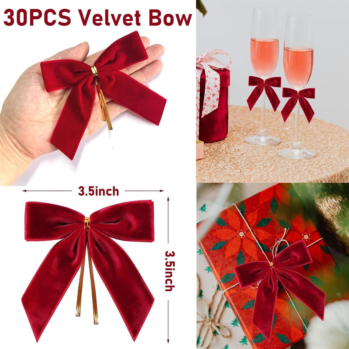 30Pcs Red Velvet Ribbon Bows Twist Tie Bows 3.5x3.5in for Christmas Tree Decorations Ornaments Wreath Baby Shower Treat Bag Gift Wrapping Crafts Xmas Candy Bags Décor