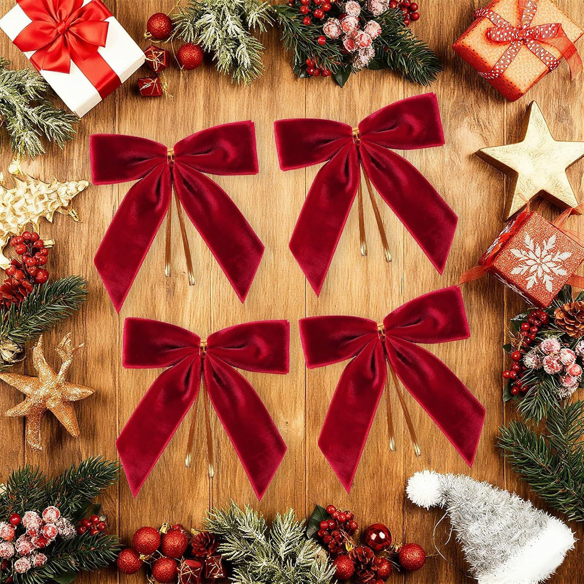 30Pcs Red Velvet Ribbon Bows Twist Tie Bows 3.5x3.5in for Christmas Tree Decorations Ornaments Wreath Baby Shower Treat Bag Gift Wrapping Crafts Xmas Candy Bags Décor