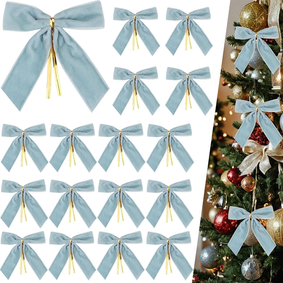 Christmas Velvet Bows Light Blue 24 Pack – 3.5 Inch Holiday Tree Ornaments with Twist Tie Decorative Ribbon Bows for Christmas Tree, Wreath, Gift Wrapping & Party Decoration
