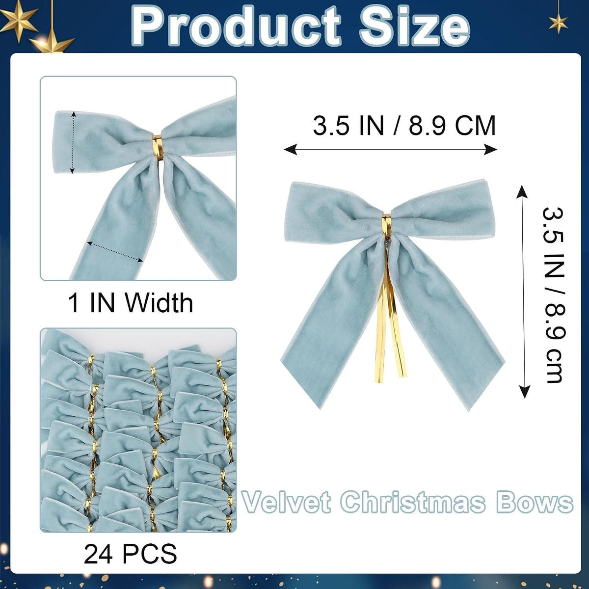 Christmas Velvet Bows Light Blue 24 Pack – 3.5 Inch Holiday Tree Ornaments with Twist Tie Decorative Ribbon Bows for Christmas Tree, Wreath, Gift Wrapping & Party Decoration