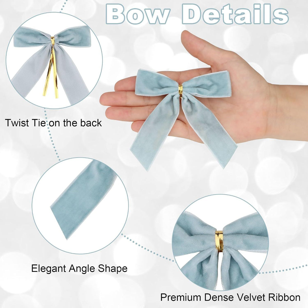 Christmas Velvet Bows Light Blue 24 Pack – 3.5 Inch Holiday Tree Ornaments with Twist Tie Decorative Ribbon Bows for Christmas Tree, Wreath, Gift Wrapping & Party Decoration