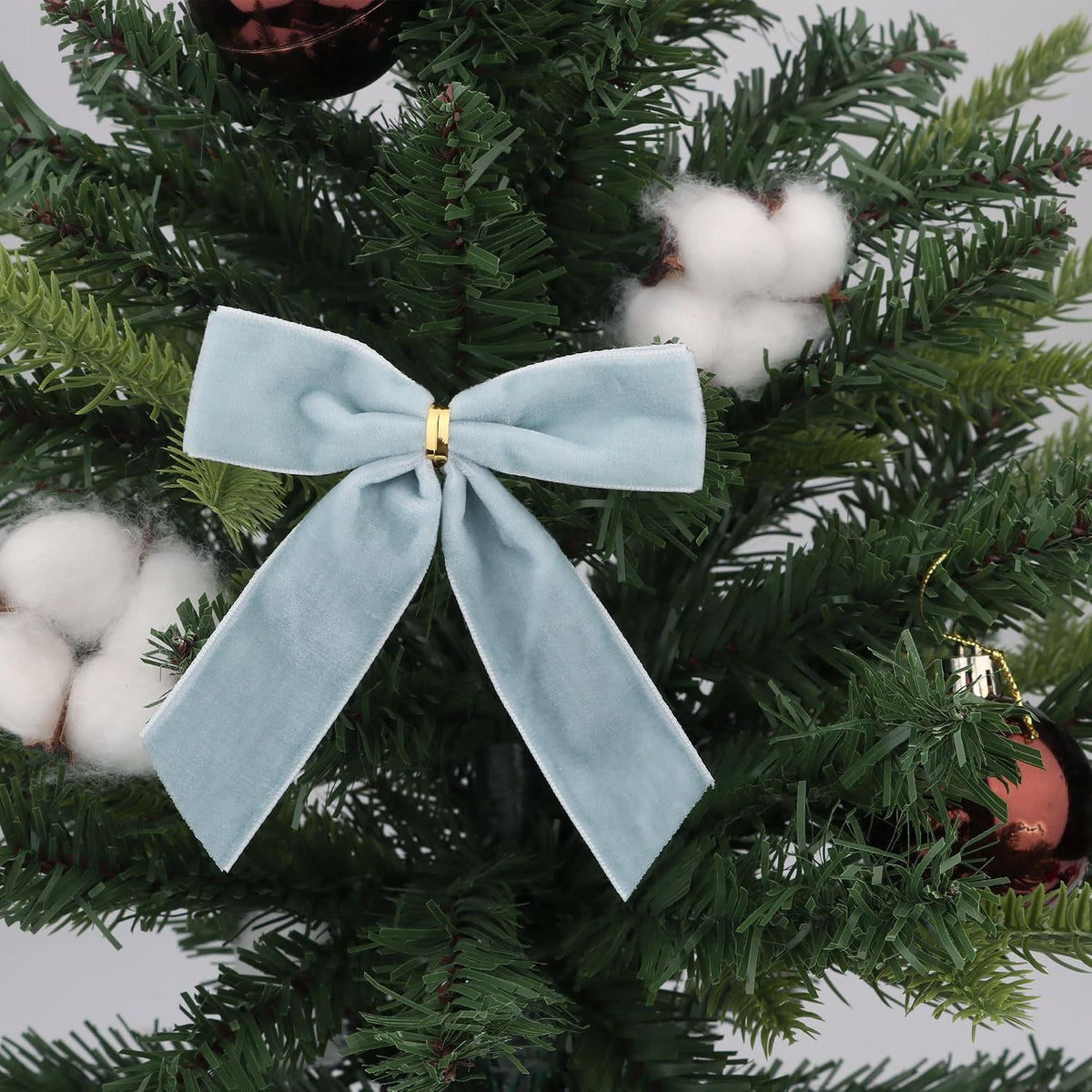 Christmas Velvet Bows Light Blue 24 Pack – 3.5 Inch Holiday Tree Ornaments with Twist Tie Decorative Ribbon Bows for Christmas Tree, Wreath, Gift Wrapping & Party Decoration