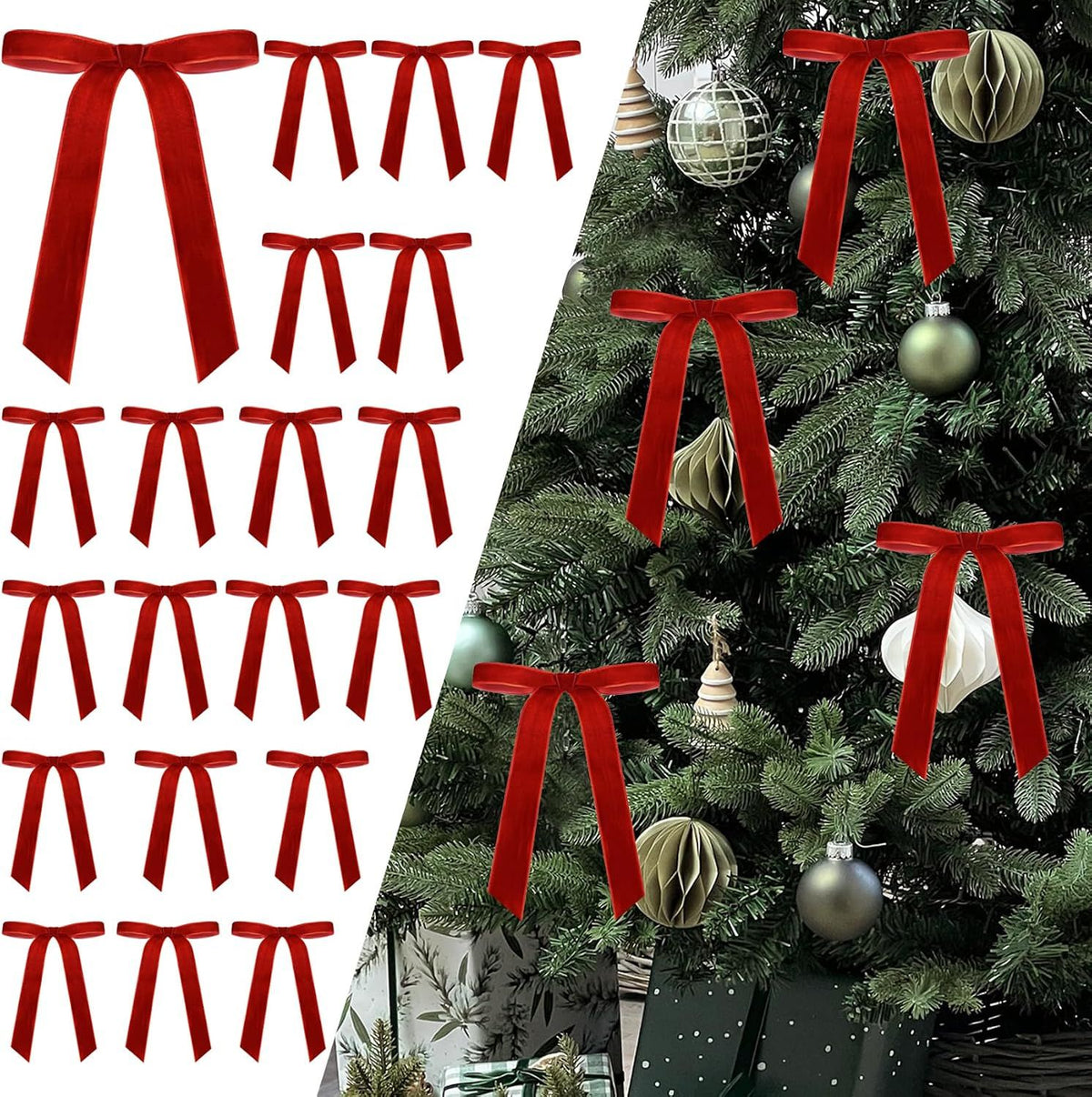24Pcs Christmas Velvet Bows for Tree, Vintage Ribbon Bows Ornaments for Garland Wreath Gift Wrapping Treat Bag Bakery Candy Bags DIY Crafts Holiday Decor (Red, 5" x 7", Width of 1")