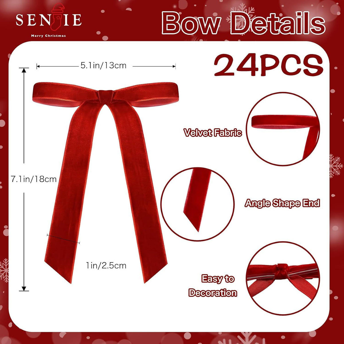 24Pcs Christmas Velvet Bows for Tree, Vintage Ribbon Bows Ornaments for Garland Wreath Gift Wrapping Treat Bag Bakery Candy Bags DIY Crafts Holiday Decor (Red, 5" x 7", Width of 1")