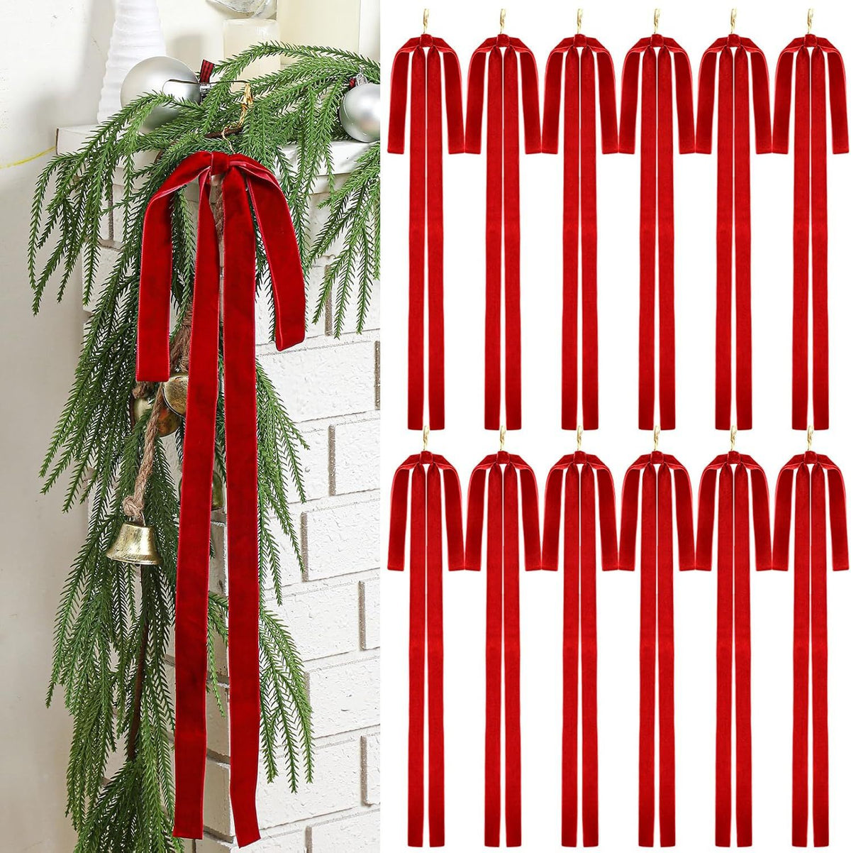 12 Pcs Red Velvet Ribbon Bows Christmas Tree Decorations 23.5x15.5 Inch Rustic Neutral Large Velvet Christmas Swag Ornaments Staircase Wreath Bows Vintage Tree Topper Bow