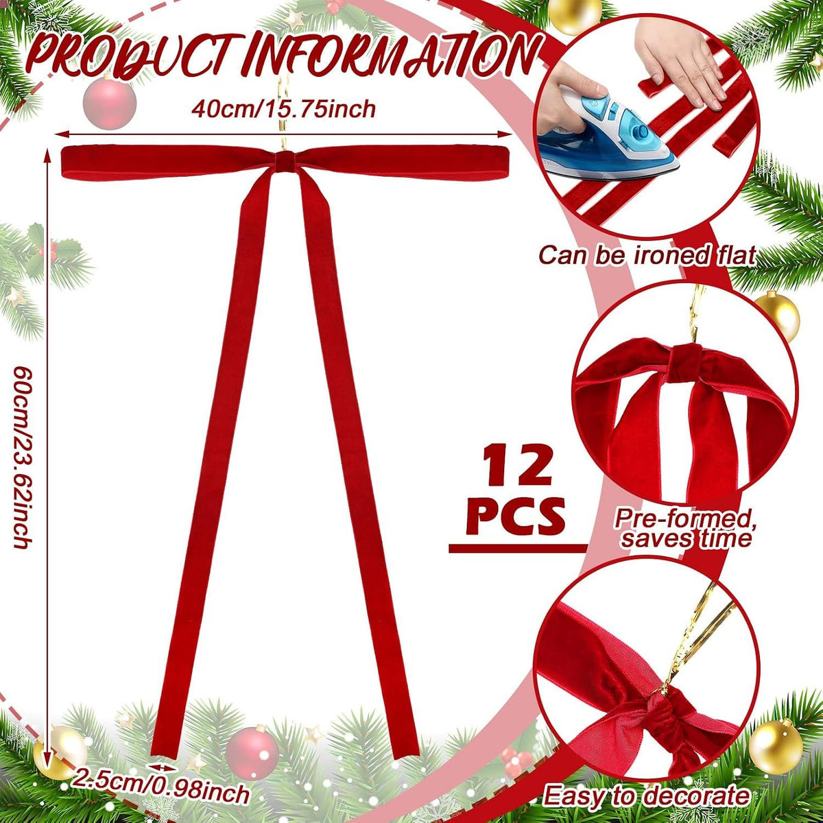 12 Pcs Red Velvet Ribbon Bows Christmas Tree Decorations 23.5x15.5 Inch Rustic Neutral Large Velvet Christmas Swag Ornaments Staircase Wreath Bows Vintage Tree Topper Bow