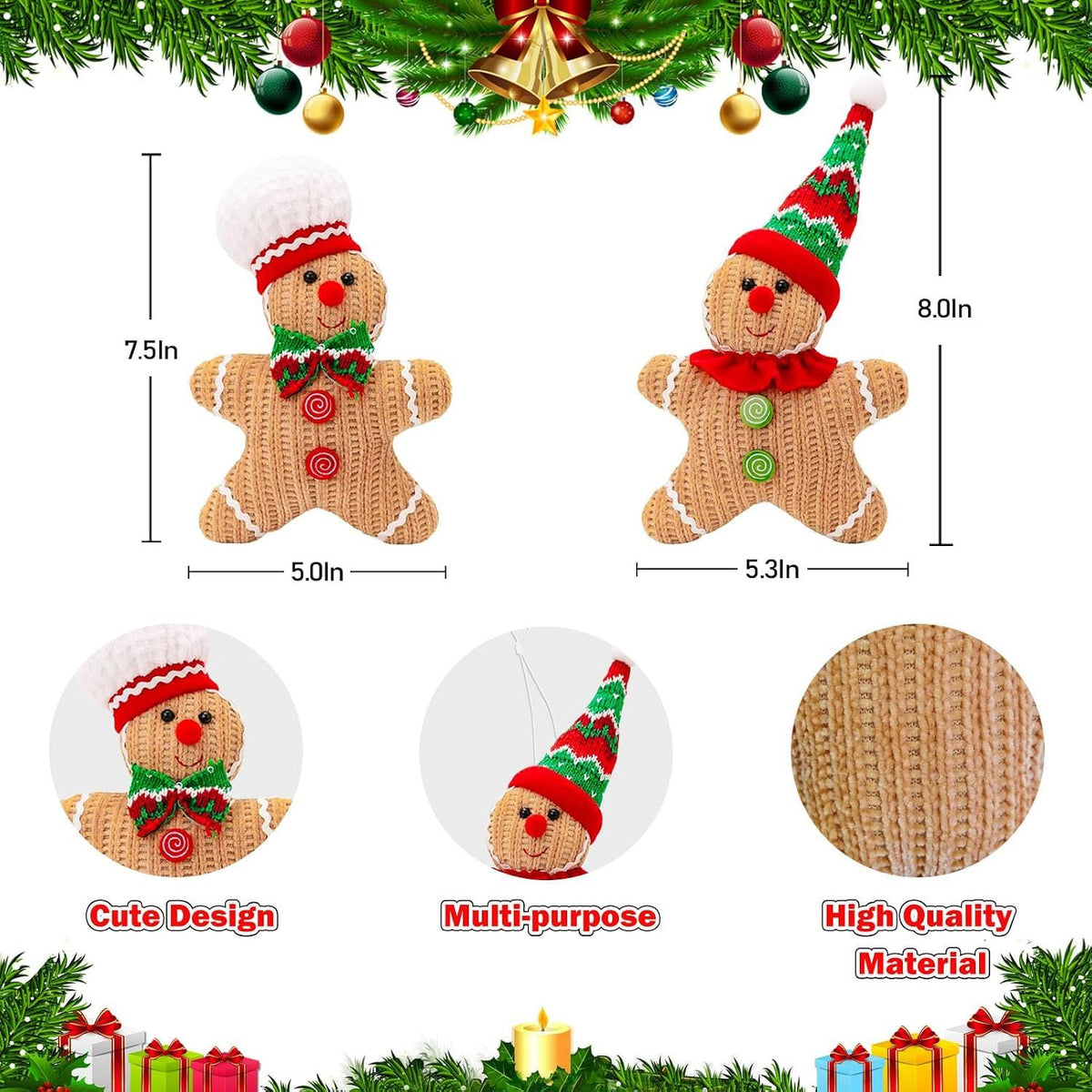 2PCS Gingerbread Christmas Ornaments, Gingerbread Man Decorations for Christmas Tree, Xmas Hanging Decor Keepsake Gifts