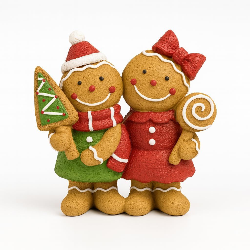 Christmas Gingerbread Couple Resin Figurine – Hand-Painted Holiday Décor, Boy with Tree Cookie & Girl with Bow and Swirl Lollipop, Tabletop/Mantel Accent (Brown Gingerbread)