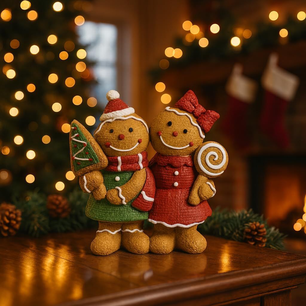 Christmas Gingerbread Couple Resin Figurine – Hand-Painted Holiday Décor, Boy with Tree Cookie & Girl with Bow and Swirl Lollipop, Tabletop/Mantel Accent (Brown Gingerbread)