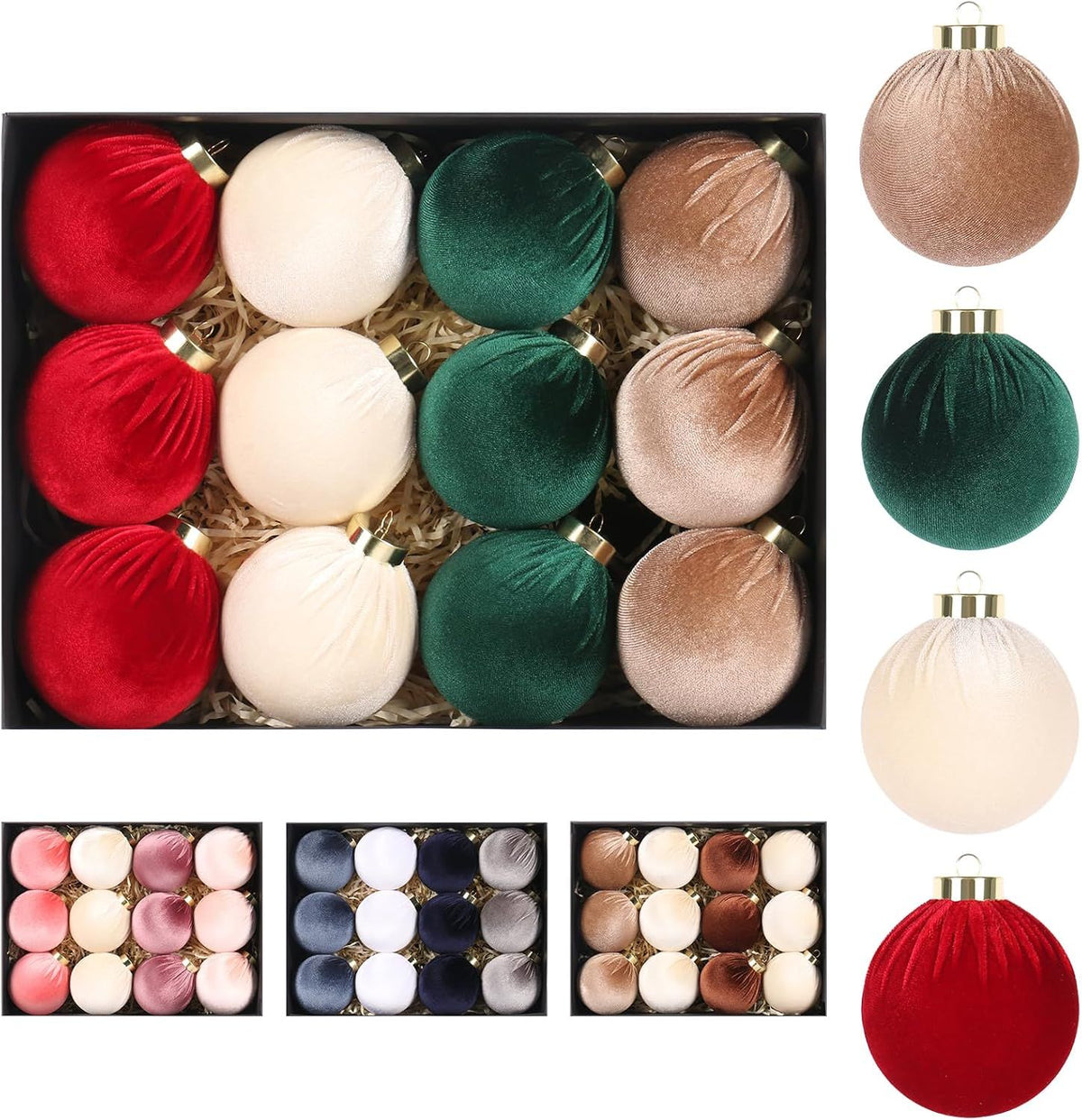 3.14" Velvet Christmas Balls, 12PCS 80MM Plastic Christmas Ball Ornaments for Xmas Tree Hanging Decorations Assortment, for Holiday Party Decor, Red, White, Green, Coffee