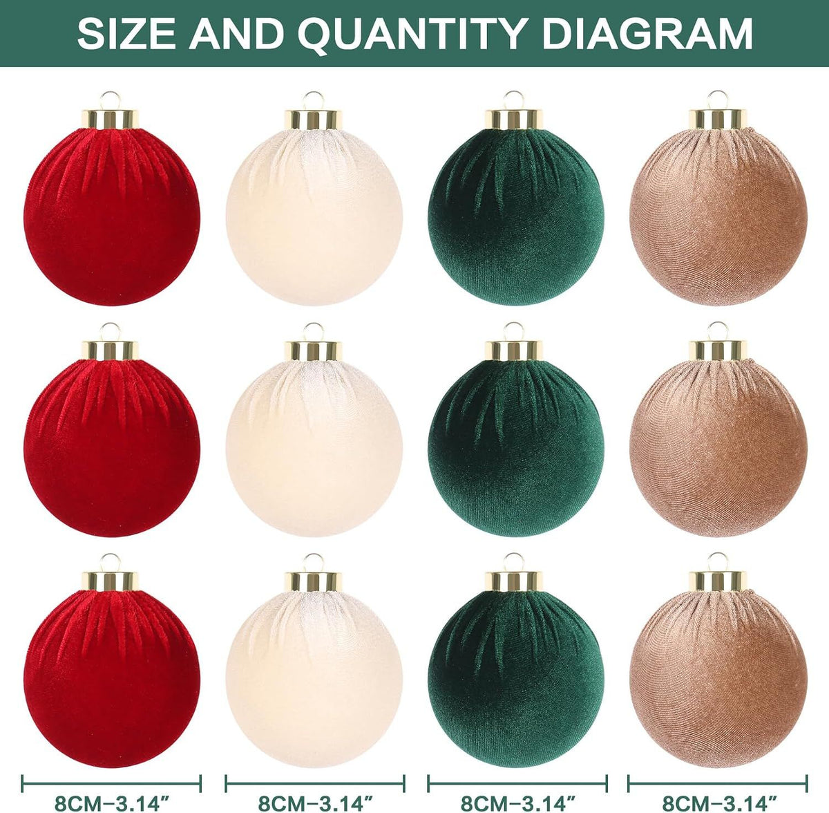 3.14" Velvet Christmas Balls, 12PCS 80MM Plastic Christmas Ball Ornaments for Xmas Tree Hanging Decorations Assortment, for Holiday Party Decor, Red, White, Green, Coffee