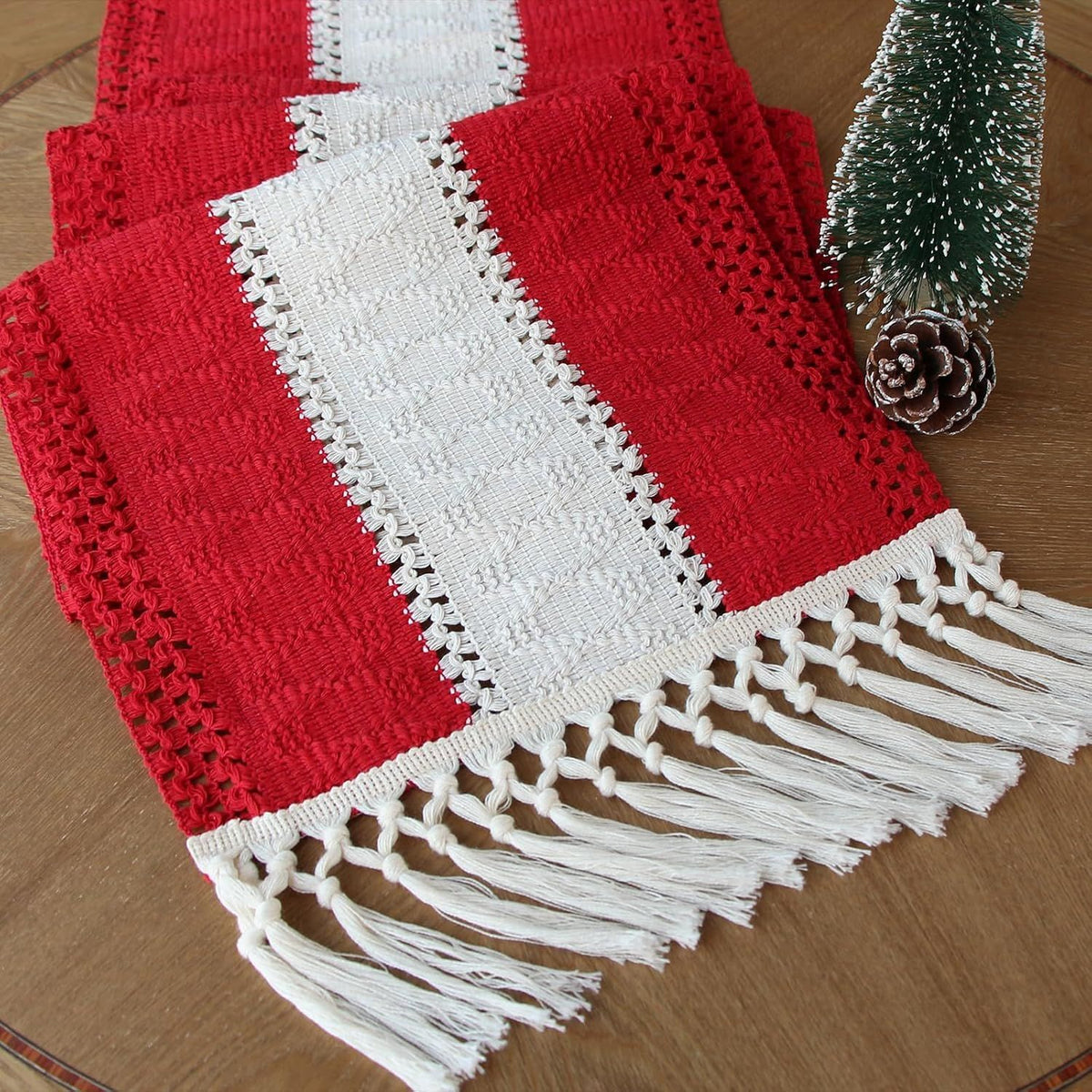 Boho Red Table Runner for Holiday Decoration 72 Inches Long Red & Cream Christmas Table Decor for Home Party (13x72 Inches)