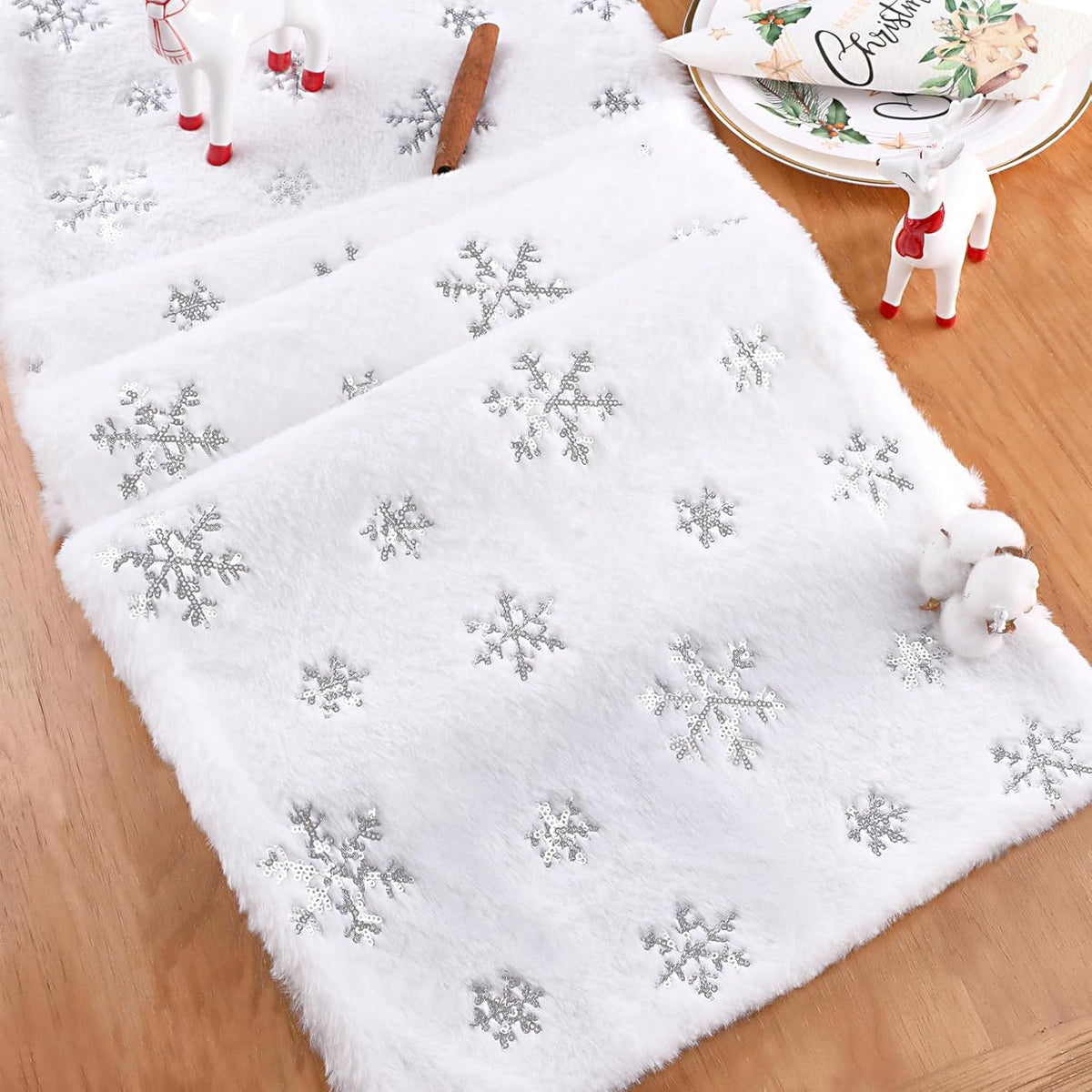 White Fur Table Runner Silver Snowflakes Christmas Table Runner, Winter Xmas Holiday Kitchen Dining Table Decoration Indoor Outdoor Party Decor 13 x 48 Inch