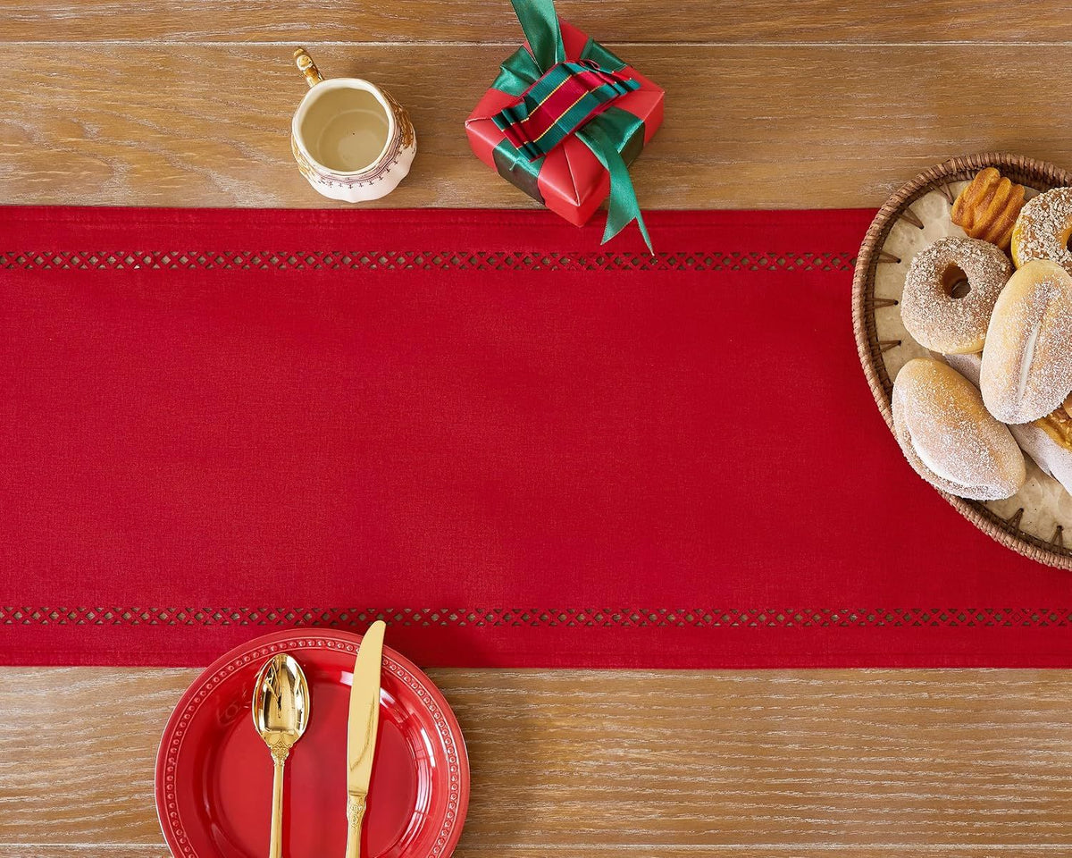 Burlap Style Farmhouse 13 x 90 Inch Red Table Runner, Rustic Geometric Hollow Christmas Table Runners 90 Inches Long for Winter Christmas Party Decorations, 13x90 Inches, Red