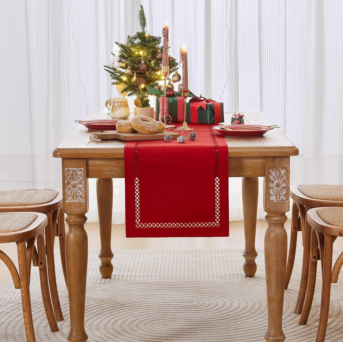 Burlap Style Farmhouse 13 x 90 Inch Red Table Runner, Rustic Geometric Hollow Christmas Table Runners 90 Inches Long for Winter Christmas Party Decorations, 13x90 Inches, Red