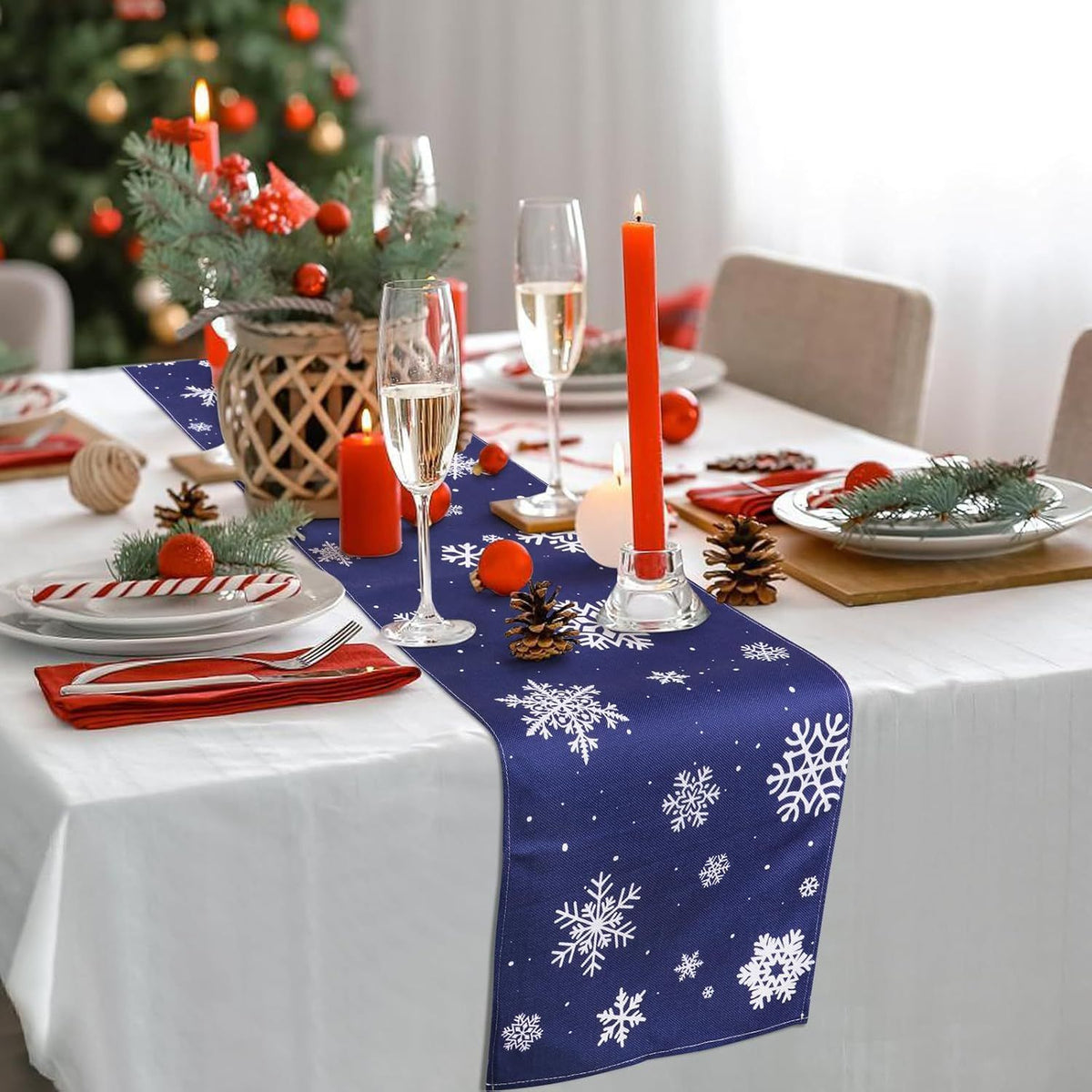 Christmas Table Runner Blue 14 x 72 Inch Rustic Holiday Farmhouse Snowflakes Winter Table Cloth for Indoor Outdoor Xmas Party Dining Table Decorations