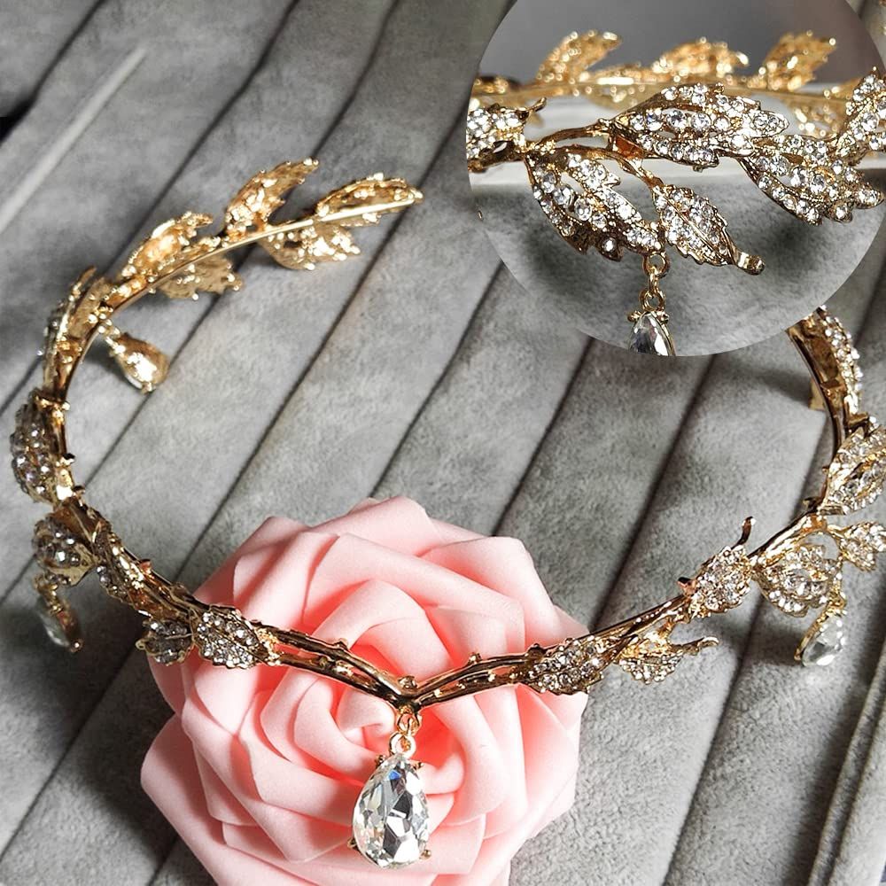 Crystal Leaf Wedding Diadem Headband Bridal Bridesmaid Forehead Band Rhinestone Bridal Tiara Crown (Gold)