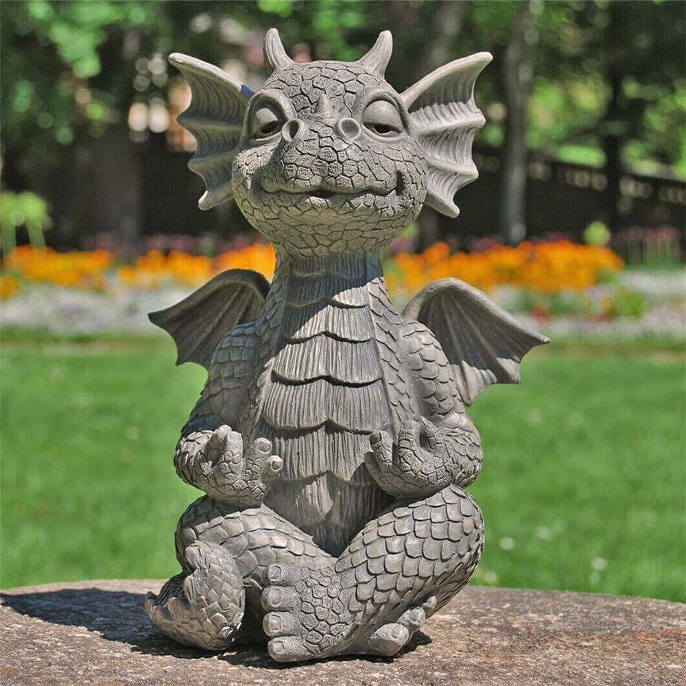Garden Dragon Statue, Funny Meditation Dragon and Figurines Holding Lamp Sleeping Zen Yoga Ornaments Outdoor Yard Outdoor