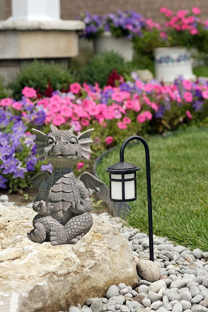 Garden Dragon Statue, Funny Meditation Dragon and Figurines Holding Lamp Sleeping Zen Yoga Ornaments Outdoor Yard Outdoor