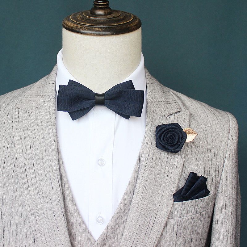 Bow Tie and Pocket Square Lapel pin Set for Wedding Formal Pocket towel chest flower brooch（3 Pieces)