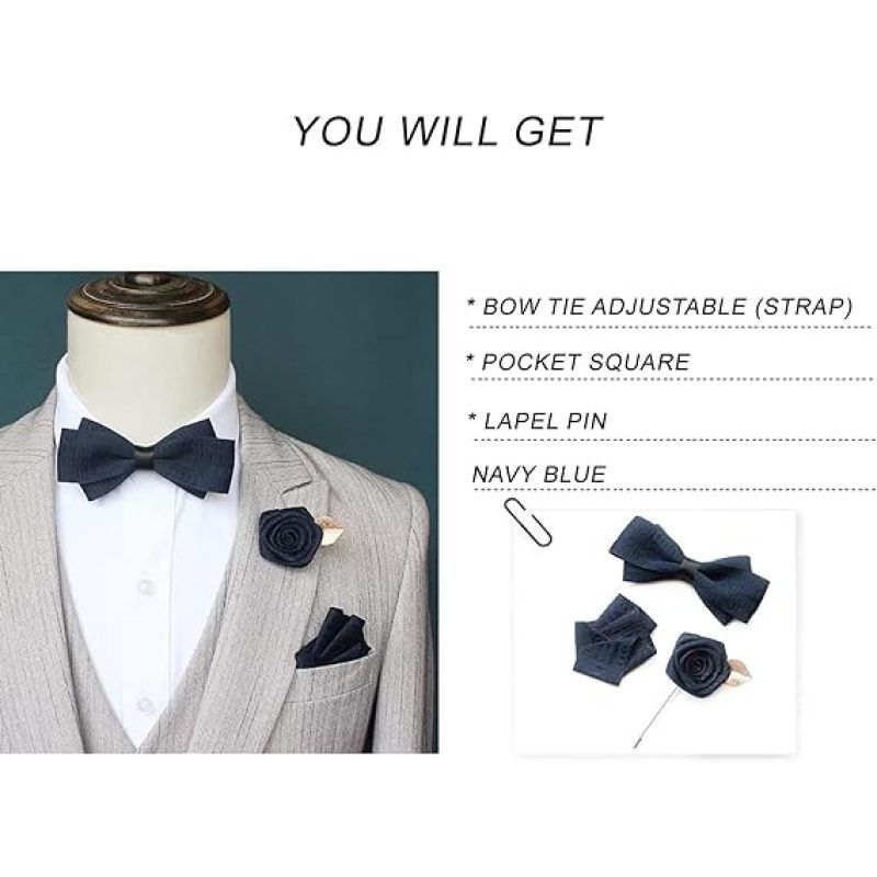 Bow Tie and Pocket Square Lapel pin Set for Wedding Formal Pocket towel chest flower brooch（3 Pieces)